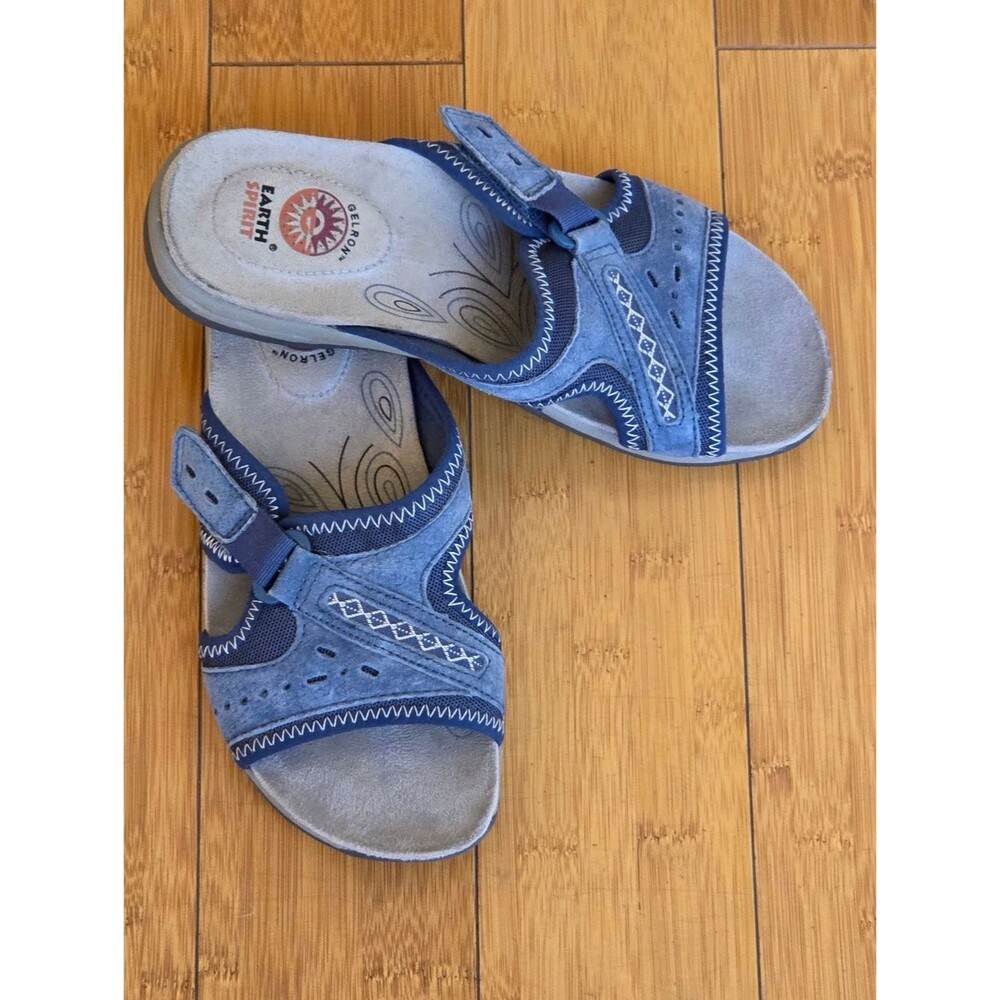 Earth Spirit Comfort Sandals Blue Leather Slides Gelron Cushion 7 - Picture 2 of 15